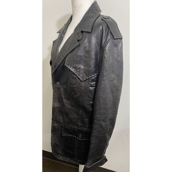 Mens Faconnable Soft Leather Flight Jacket Coat Black Medium Stitching Vtg Style - Picture 3 of 16
